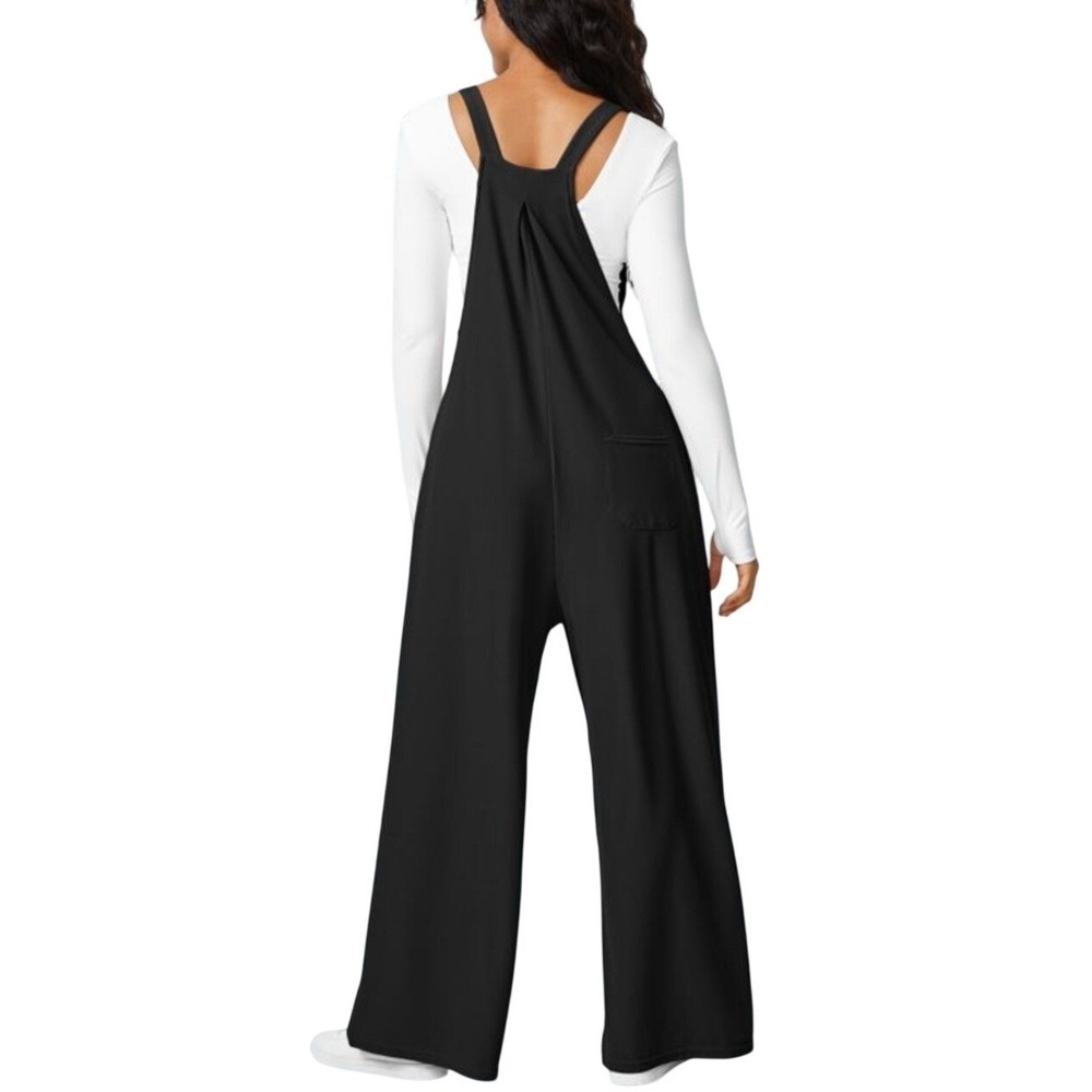Halara Black Wide Leg Pleated Overalls Jumpsuit Medium Petite - Picture 2 of 9